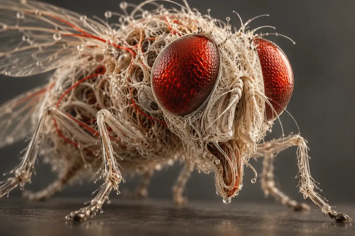 A fly sculpture with glossy red compound eyes and a body woven from intricate ivory and glass-like threads.