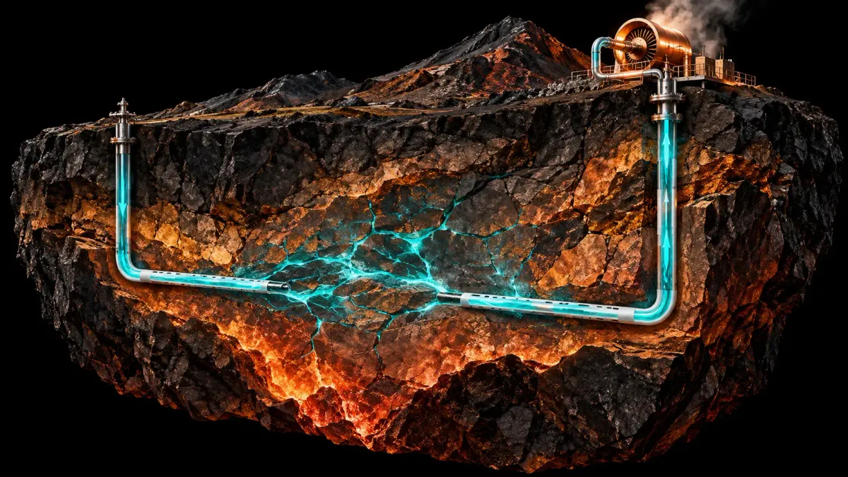A cutaway of dark hot rock with two white geothermal wells joined by a turquoise fluid loop on black.