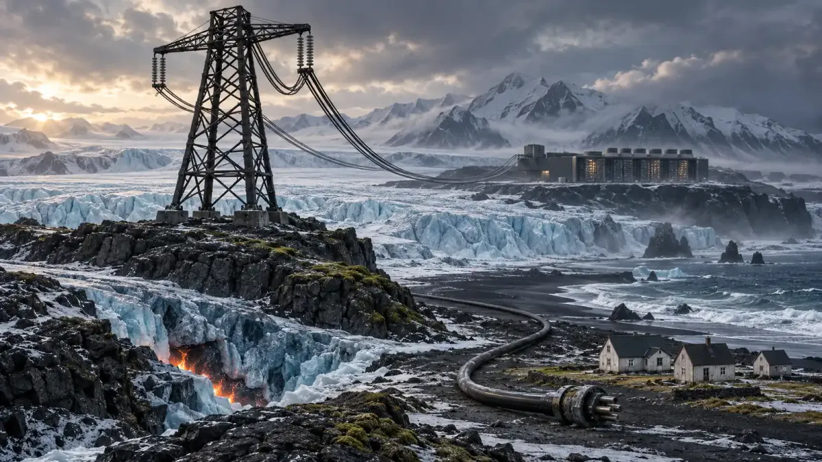 A towering iron electricity pylon links to a data center across an Icelandic glacier, while a disconnected cable lies beside three small houses on a volcanic shore.