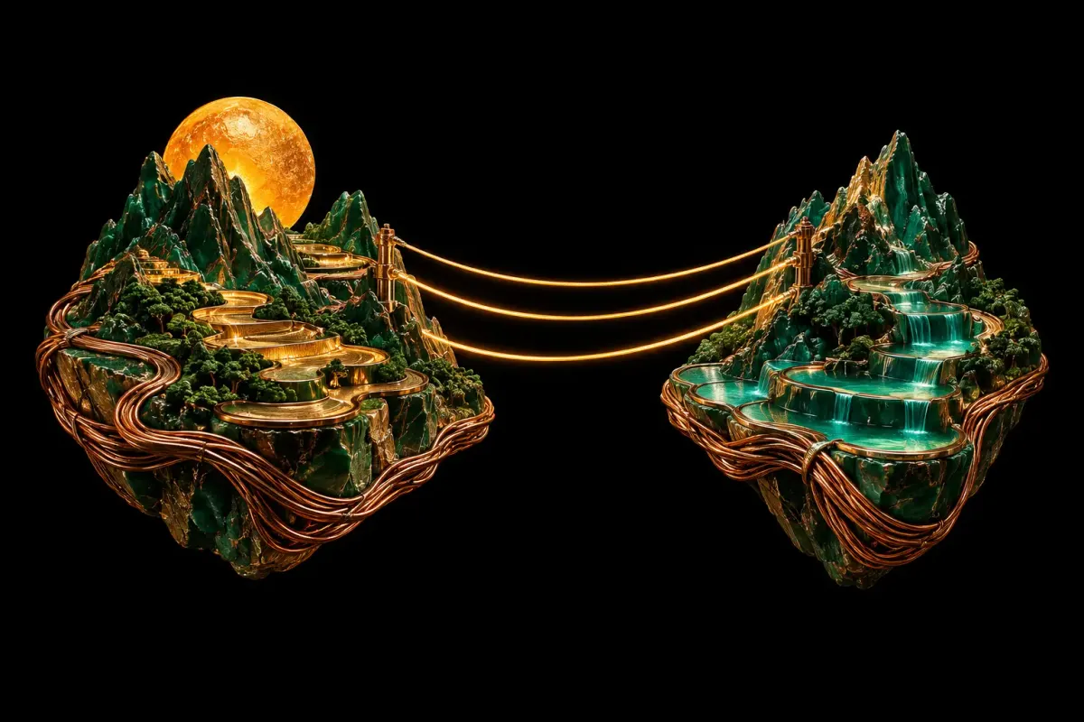 Emerald and copper islands joined by luminous gold cables, with a small sun and flowing water against black.