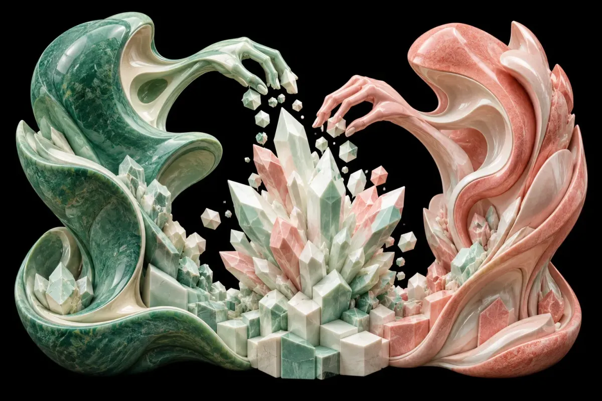 Jade and coral sculptural forms reaching toward a growing ivory crystal, an artistic metaphor for collaborative materials research.