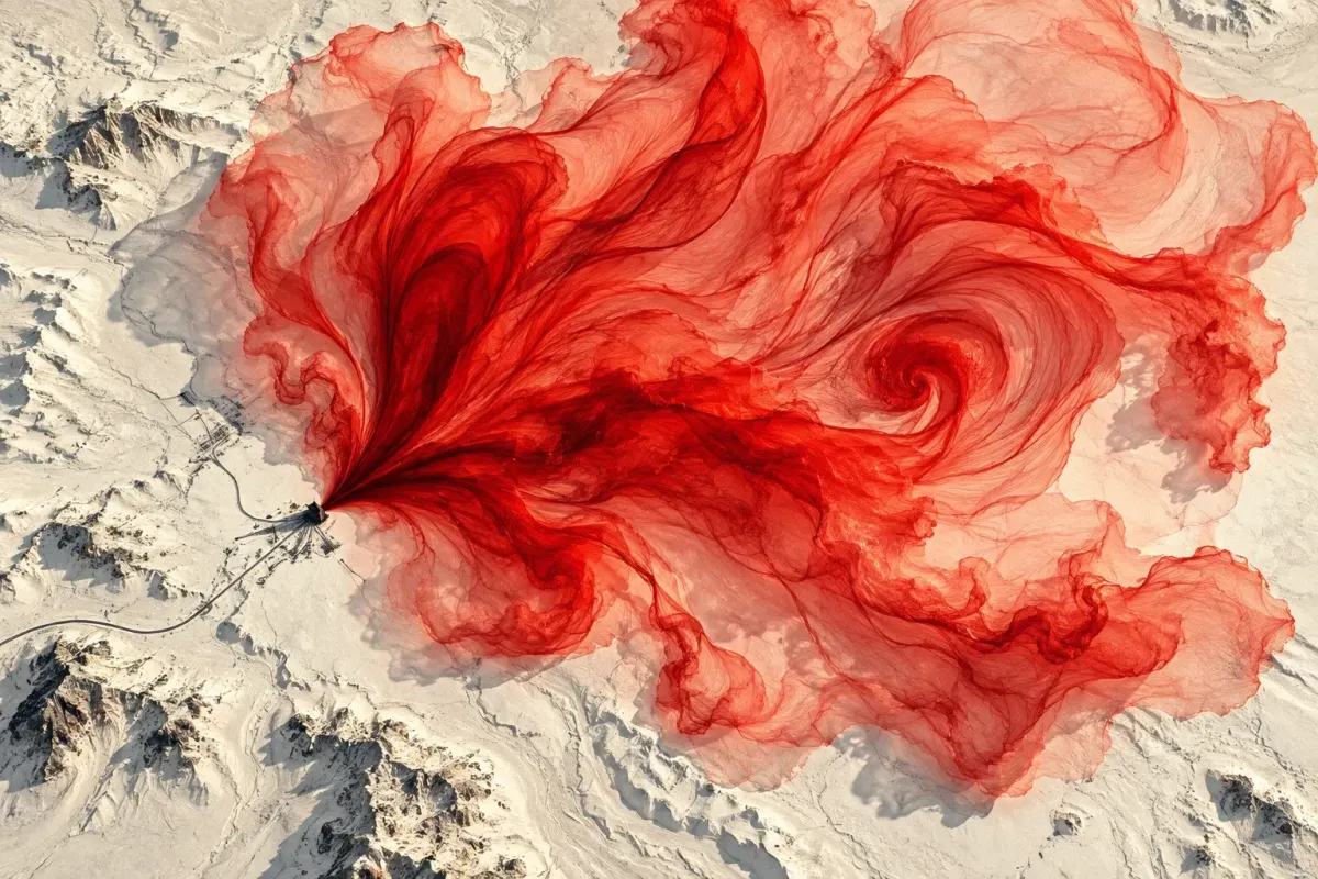 A translucent red plume unfurls like a silk flower over an imaginary ivory desert.