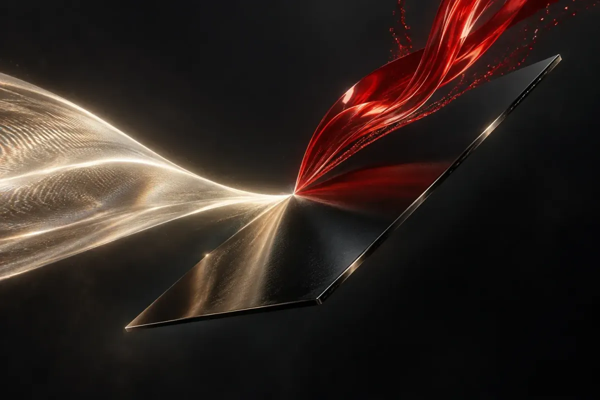 Sculptural ivory and vermilion ribbons of light meet the edge of a floating black slab.