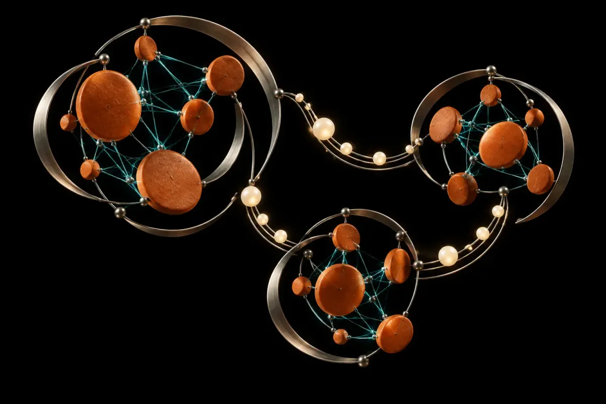 Three clusters of orange ceramic discs suspended in metallic arcs, linked by teal filaments and glowing cream beads on black.