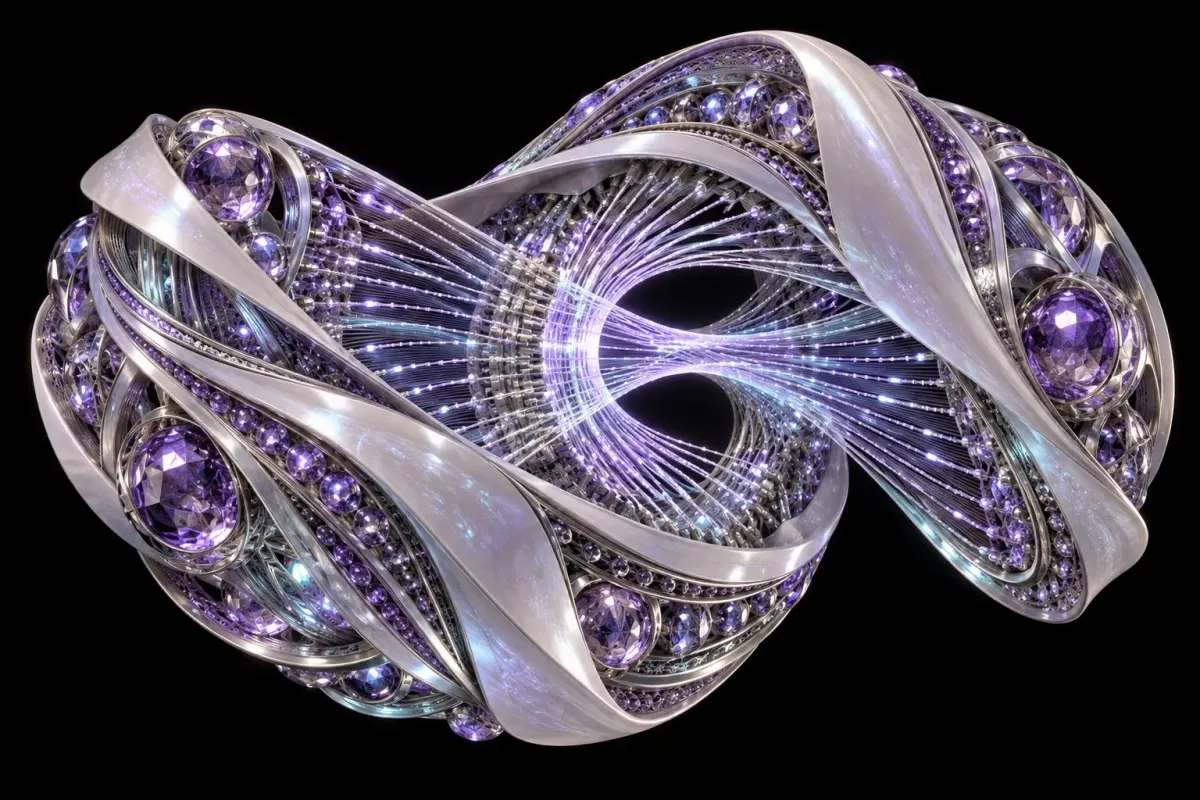 Sculptural silver and violet computational loom with intertwined luminous pathways on a black background.