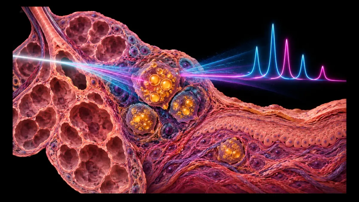 Coral lung and skin tissue with saffron lipid-rich cells crossed by cyan and magenta spectral light on black.