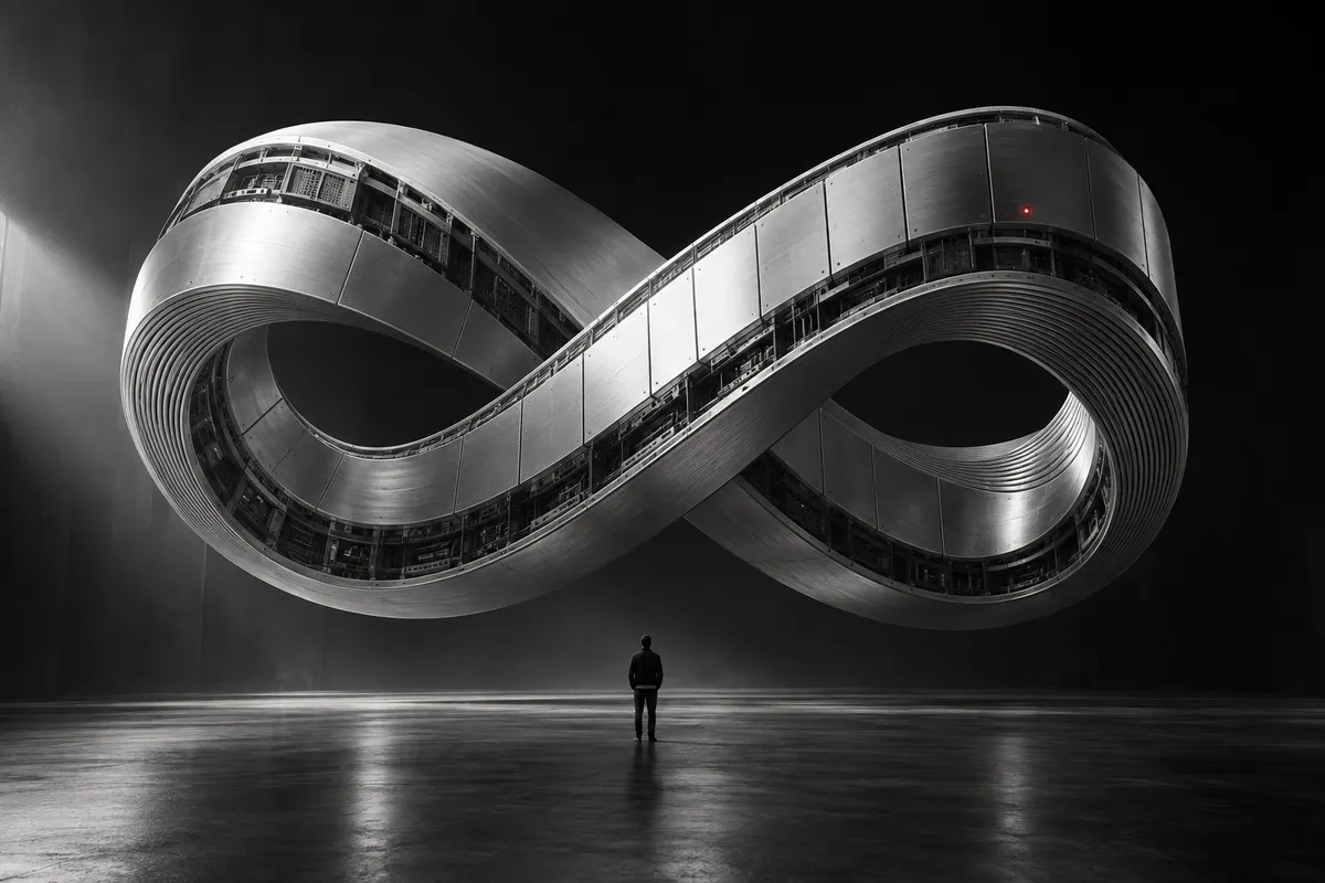 A vast silver loop suspended in a dark space above a small human figure, with a single red indicator light.