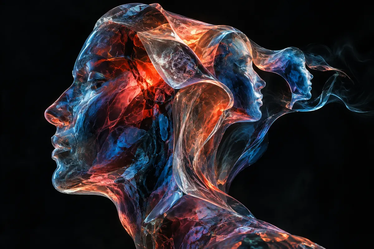 Translucent sculptural profiles emerge from one another in glowing coral red and cobalt blue against black.