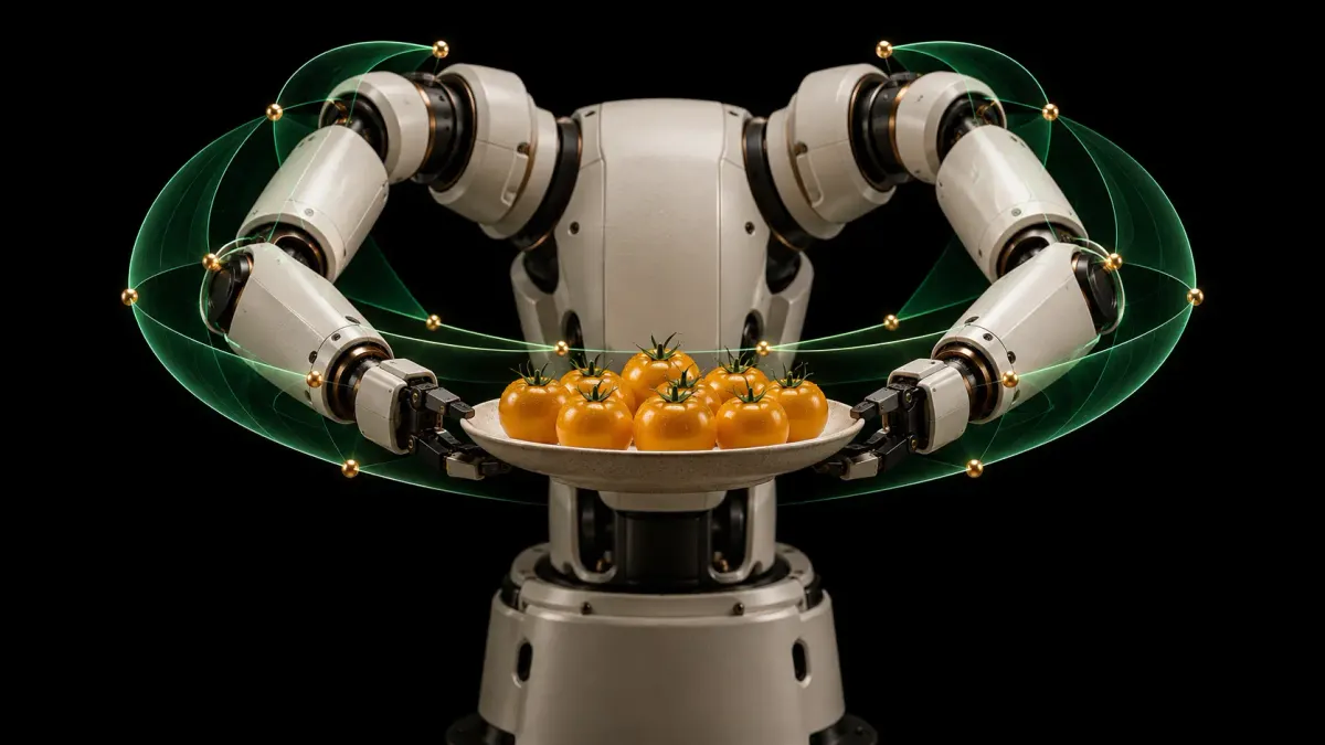 An ivory two-armed robot carries a plate of amber tomatoes inside green constraint arcs on black.