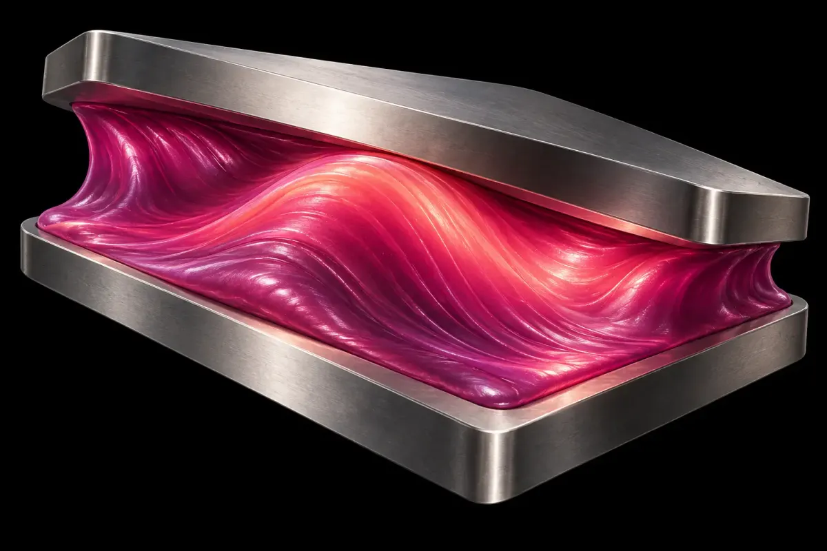 A magenta soft membrane with a raised coral ripple between silver plates on a black background.