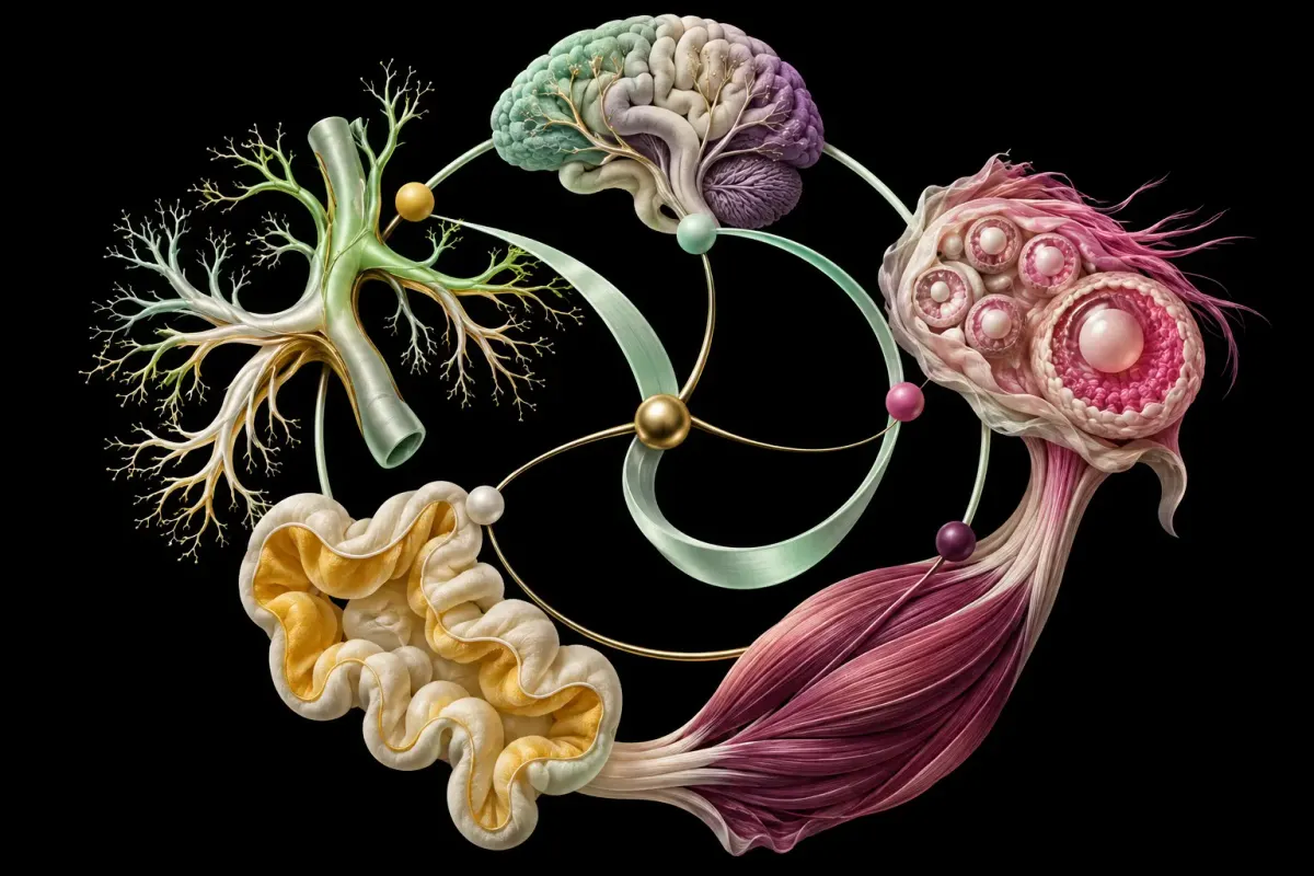 Stylized vessel, brain, ovary, muscle and intestine forms orbit on separate mint and gold arcs against black.