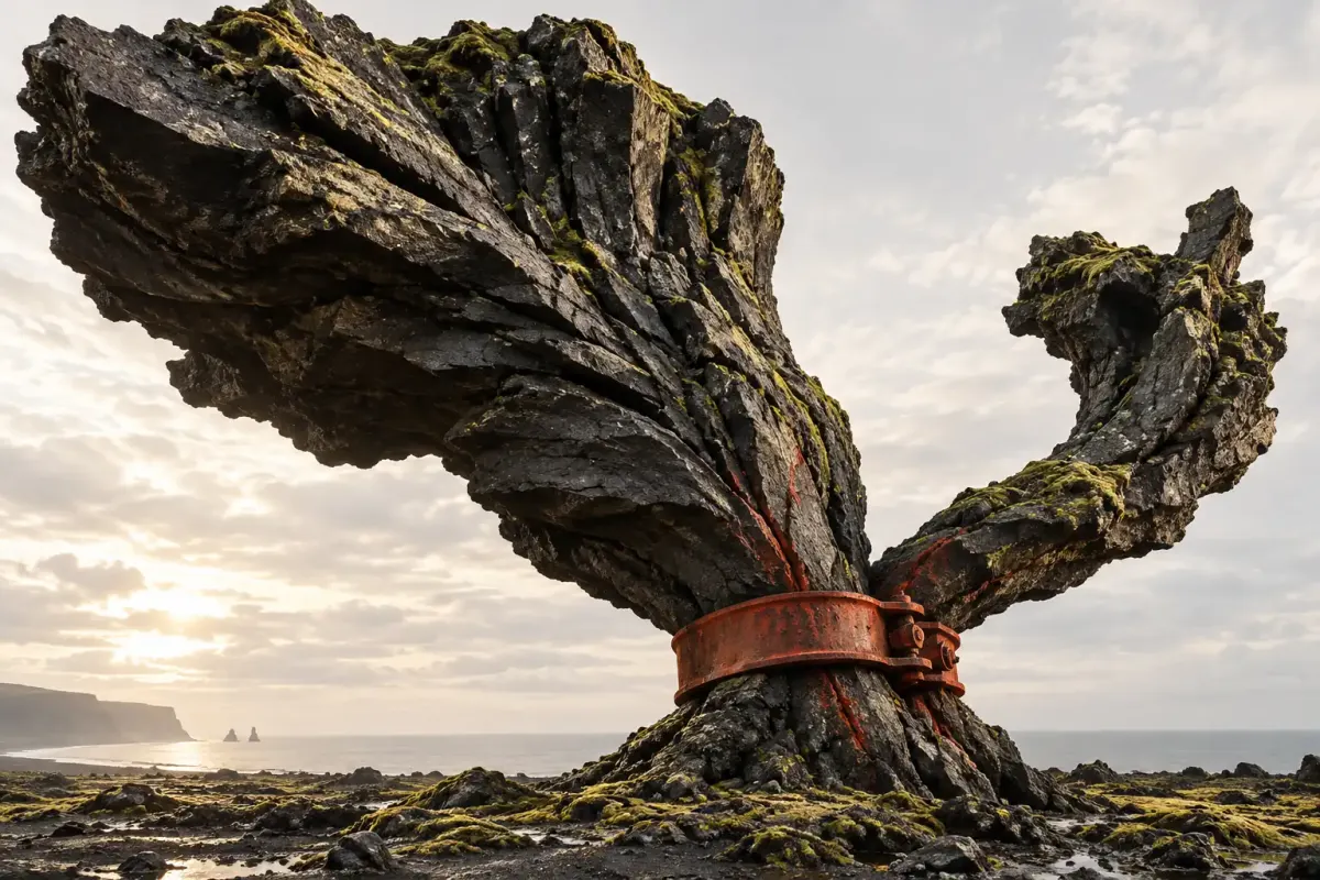 A rusty red clamp constrains a huge branching basalt sculpture covered in summer moss on an imagined Icelandic volcanic shore.
