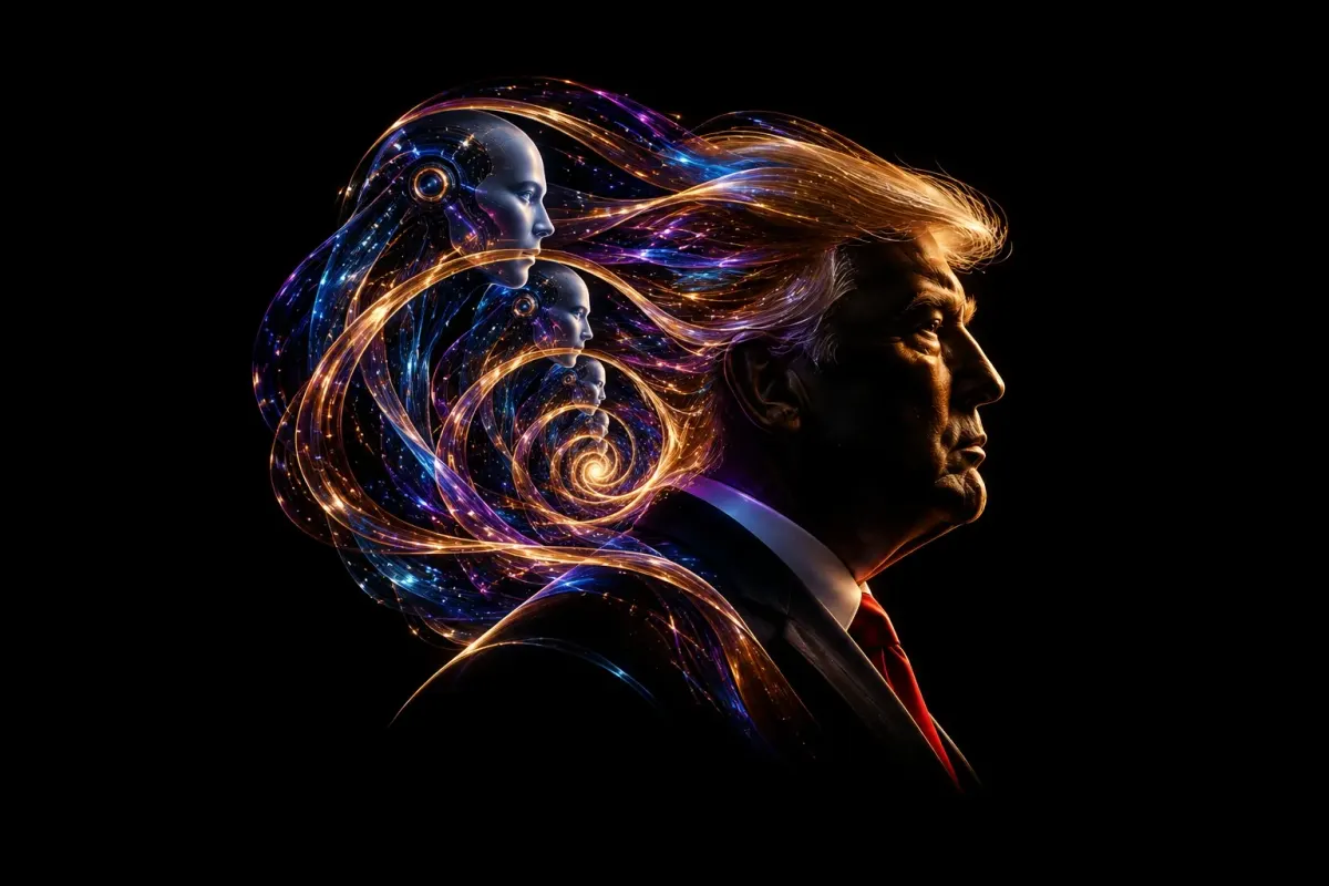 An artistic profile of Donald Trump emerges from black, surrounded by luminous recursive AI forms and flowing gold, violet and blue filaments.