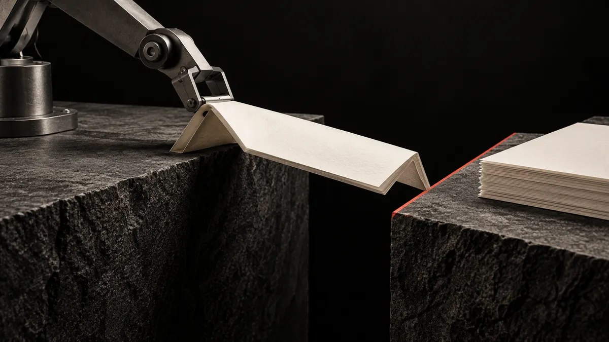 A mechanical clamp holds folded ivory paper across a gap between two charcoal stone platforms, with a thin red boundary at the far edge.
