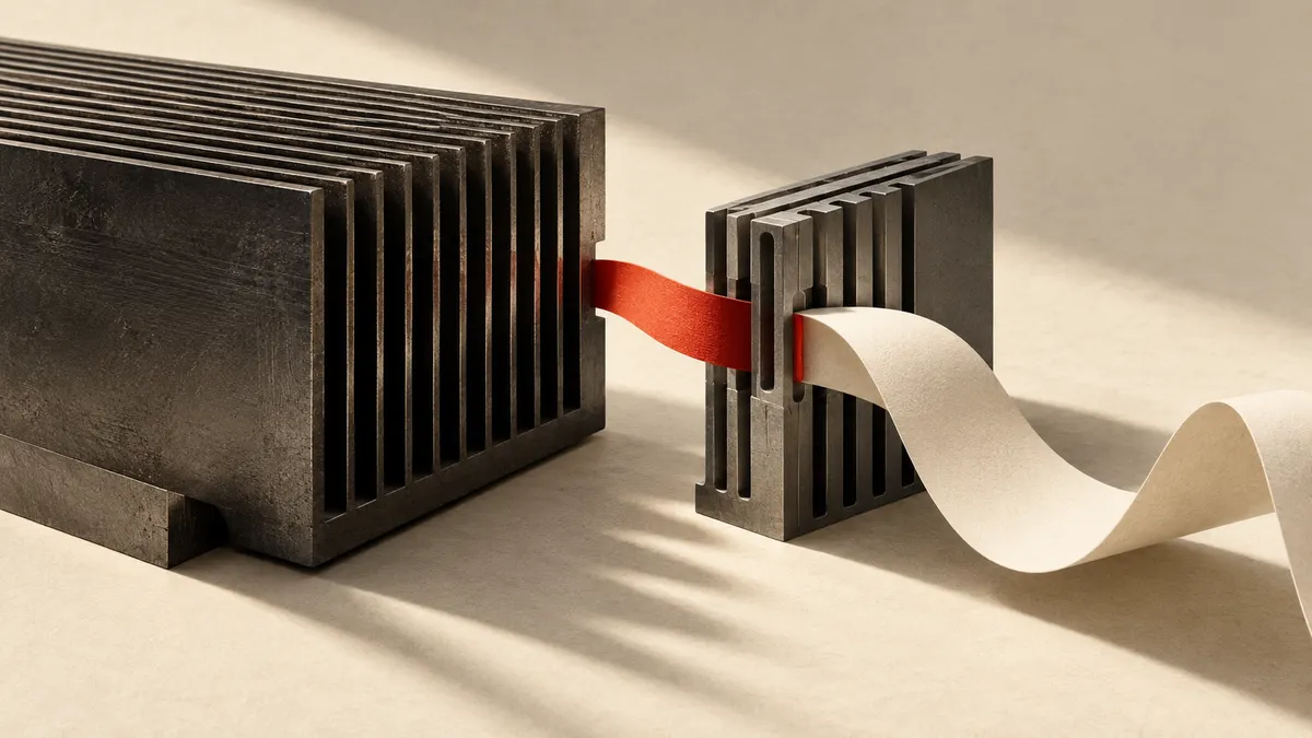 Two contrasting charcoal structures pass a red ribbon into a flowing ivory strip.