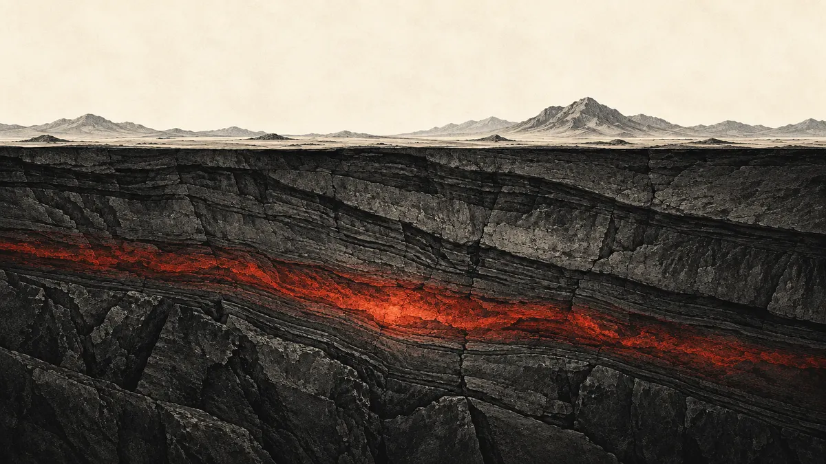 A nonliteral geological cross-section with dark etched rock layers, an ivory mountain horizon and a muted red heat seam.