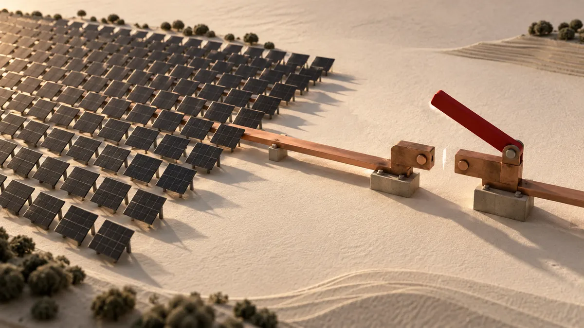 A miniature field of dark solar panels leads to a copper connection with an open red switch.