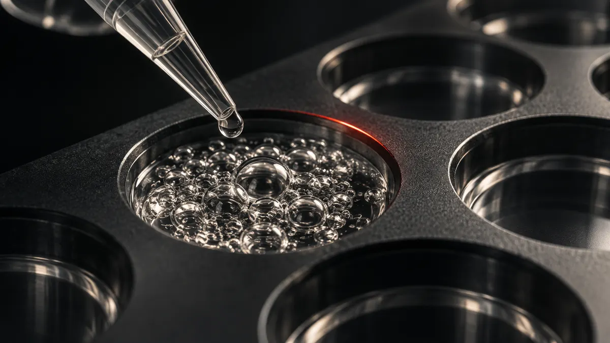 A glass pipette hovers over a bubbling sample well in a charcoal laboratory plate, beside an empty well.