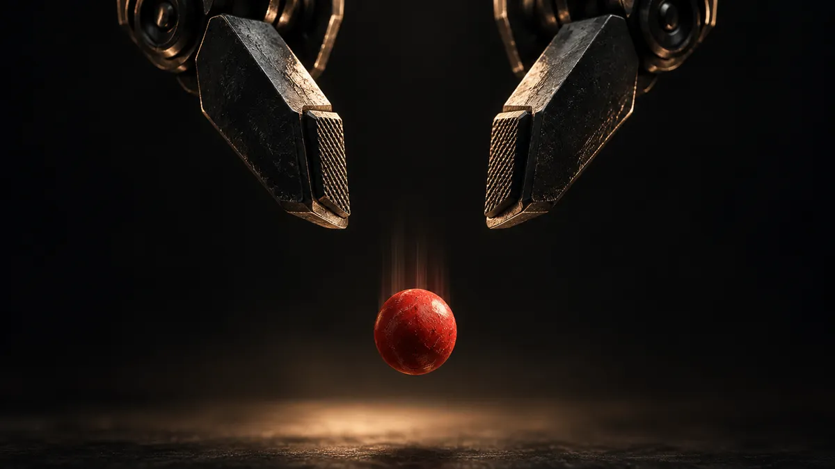 A small red ball drops beneath the open jaws of a fictional dark metal robotic gripper.