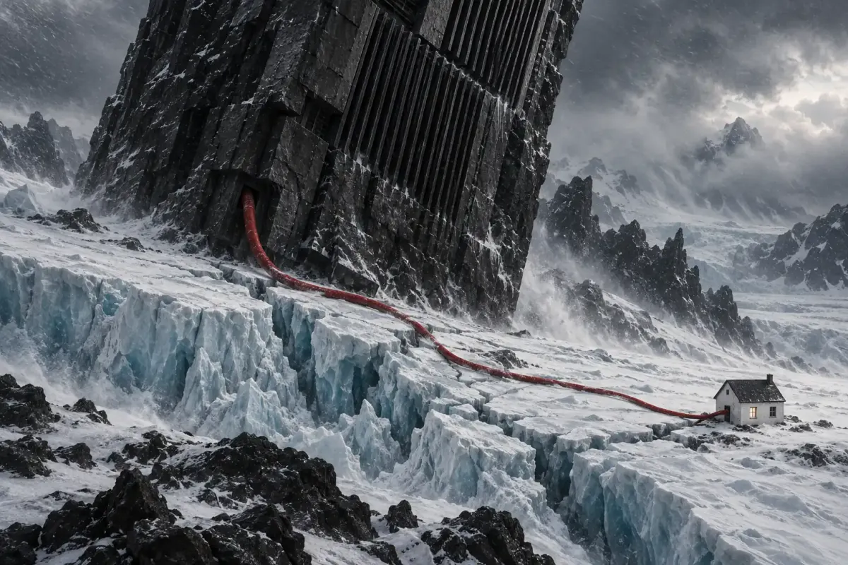 A colossal basalt computing monolith tilts above a fractured glacier, linked by a red cable to a tiny white house in a snowstorm.