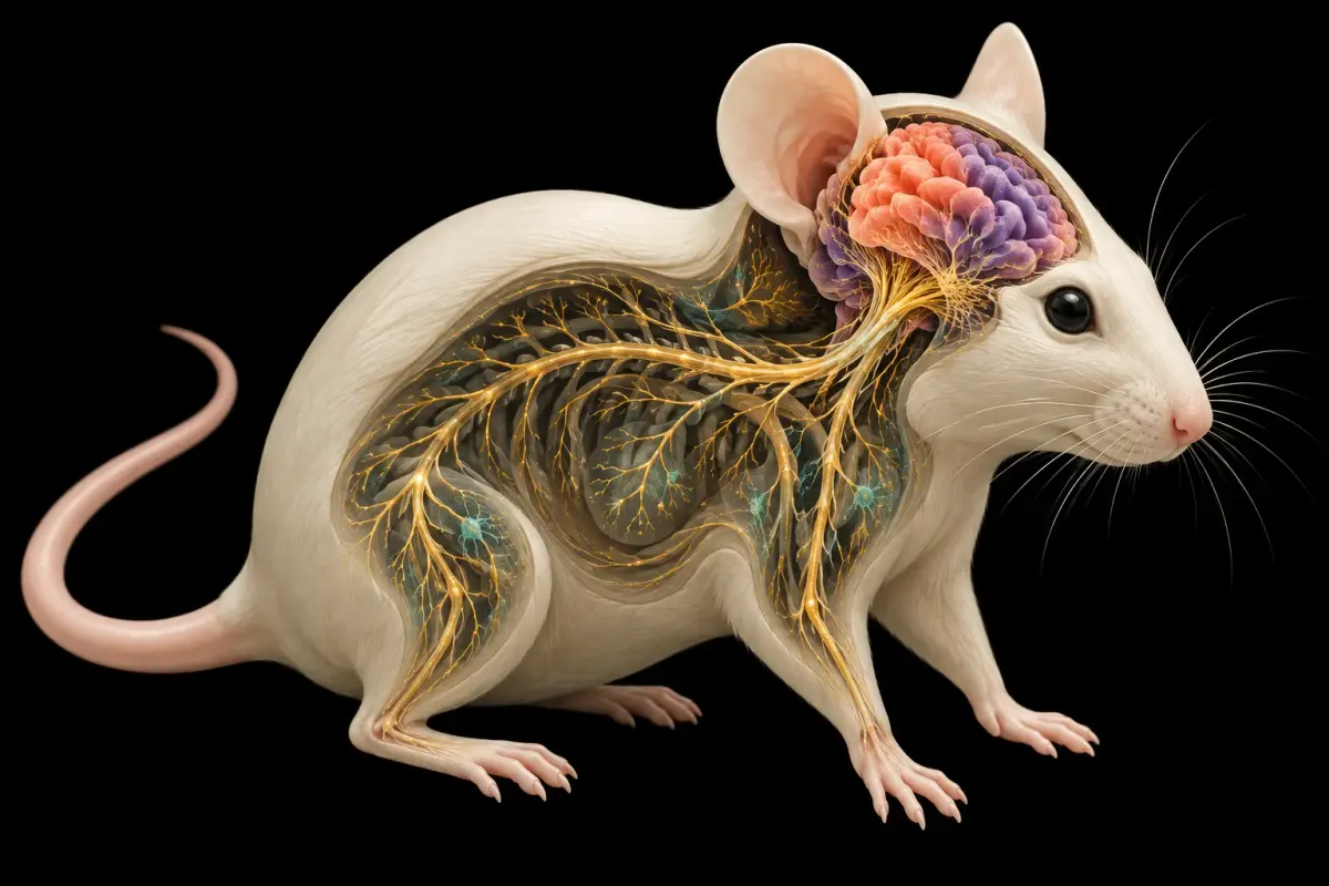 An ivory laboratory mouse with symbolic coral and violet cortical tissue connected by gold fibers to its nervous system on black.