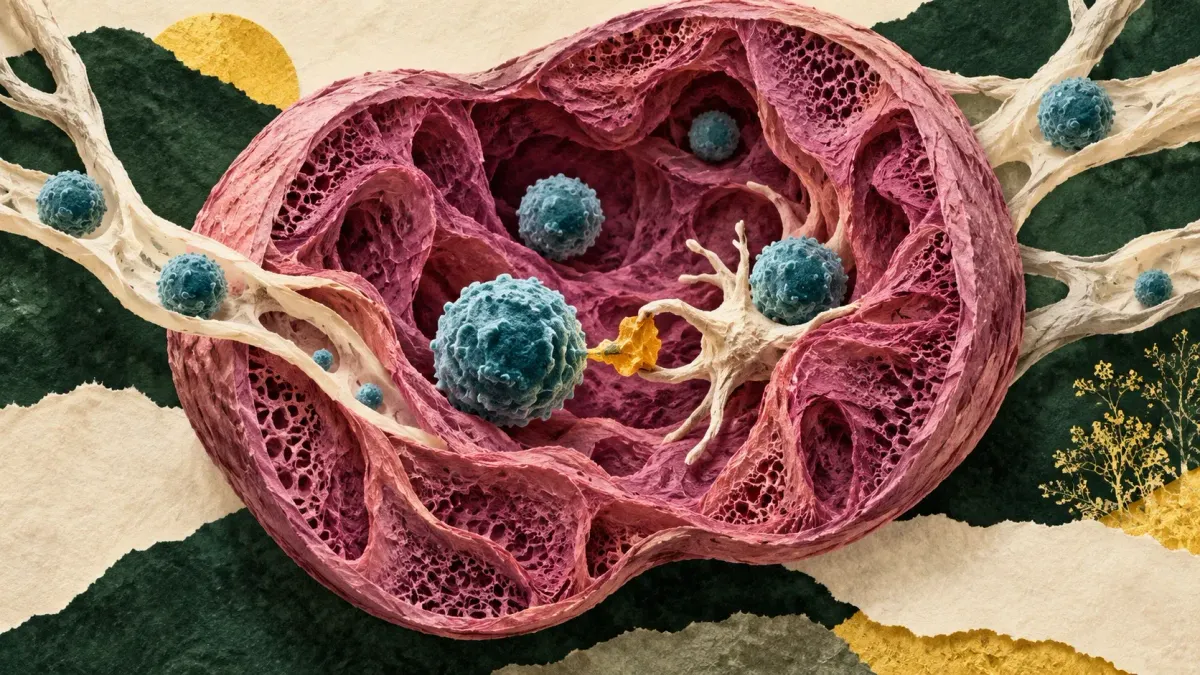 Conceptual collage of a pink lymph node with branching channels and blue immune cells meeting an amber fragment.