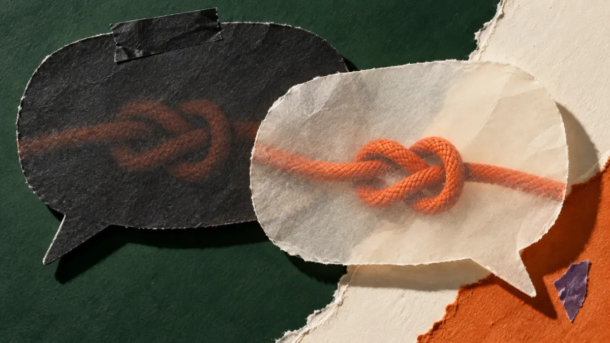 Conceptual collage of two overlapping paper speech bubbles, one dark and one translucent, with an orange cord visible through the copy.