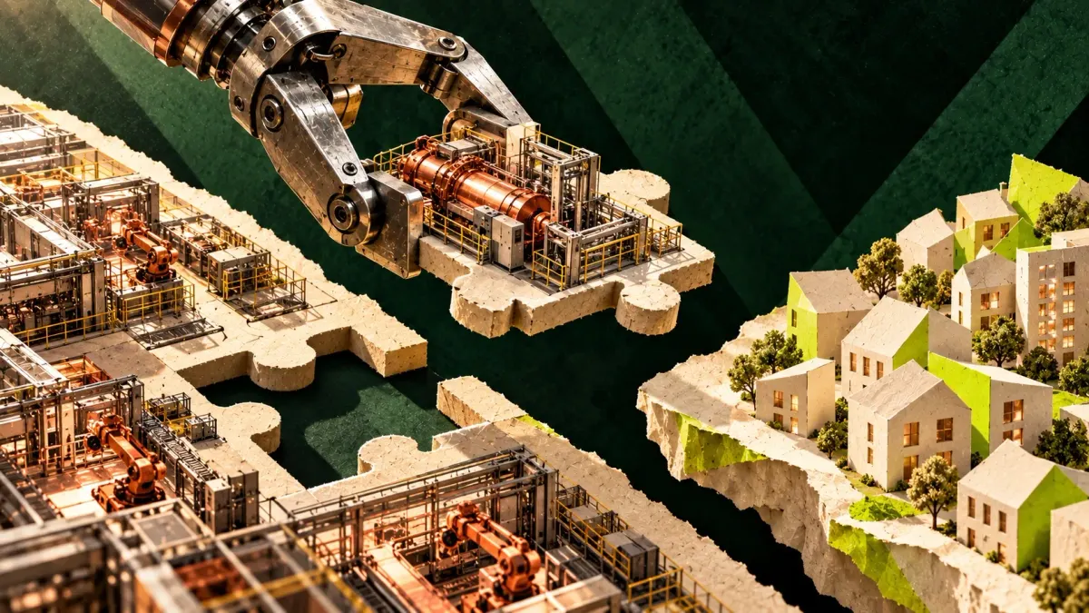 Surreal editorial collage of a robotic gripper lifting a puzzle-shaped section of a factory toward a neighborhood of paper houses.
