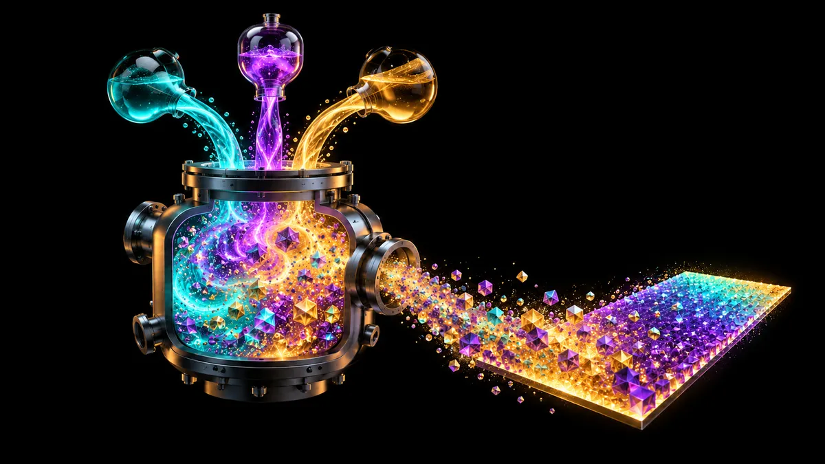 Turquoise, violet and gold fluid streams enter a metal reactor as faceted nanocrystals form a luminous solar-cell film on black.