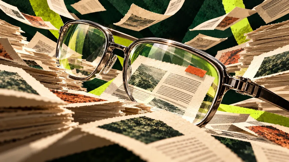 Conceptual collage of oversized reading glasses amid converging stacks of paper, representing the attention needed to review AI output.