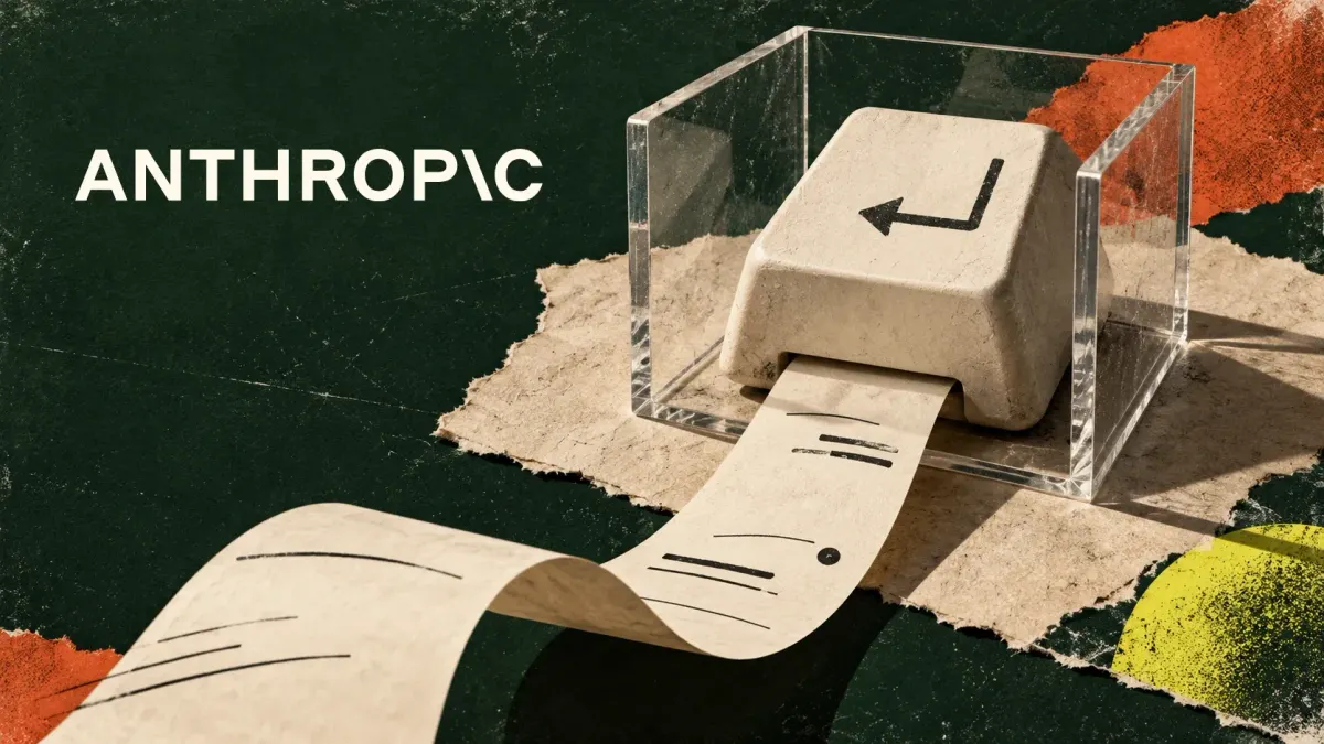 Conceptual collage of an Enter key in an open test frame, with paper extending outside it and the Anthropic wordmark.