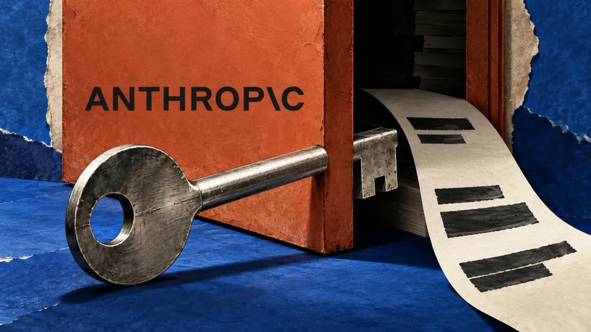 Conceptual collage of a large key opening an Anthropic-marked door as a paper strip with blacked-out lines emerges.