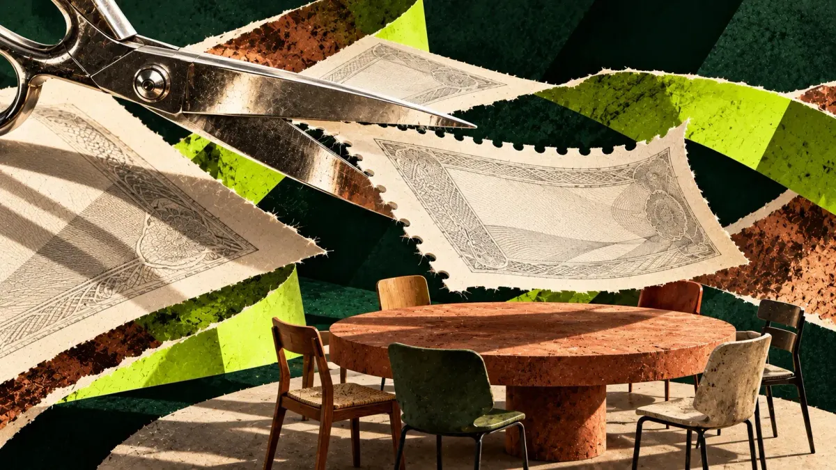 Editorial collage of a cut paper ownership certificate suspended above a communal table and empty chairs.