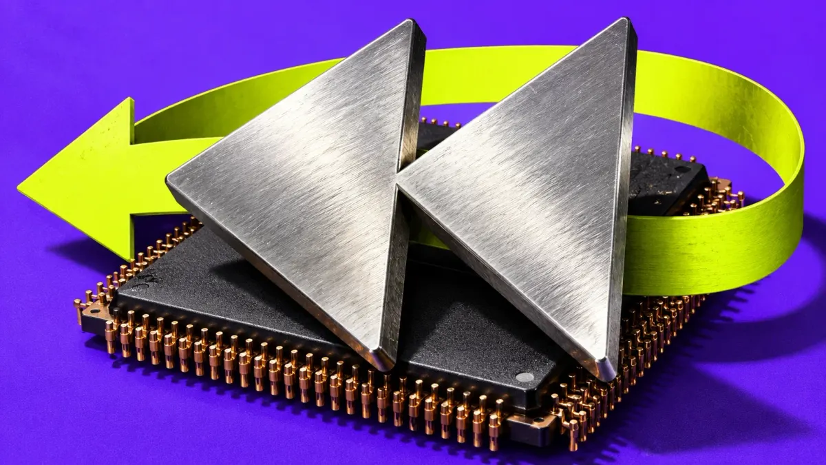 Oversized metal rewind arrows above a processor, encircled by a lime-green return loop on violet.