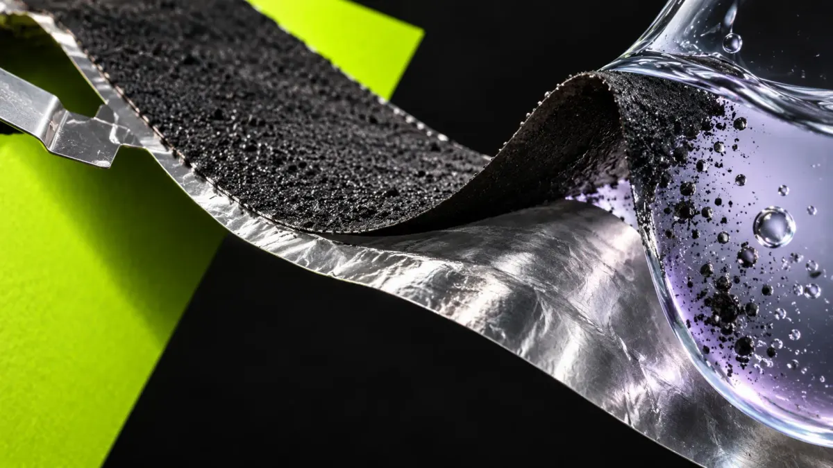 Conceptual illustration of dark battery electrode coating peeling away from curled metal foil beside a large water droplet.