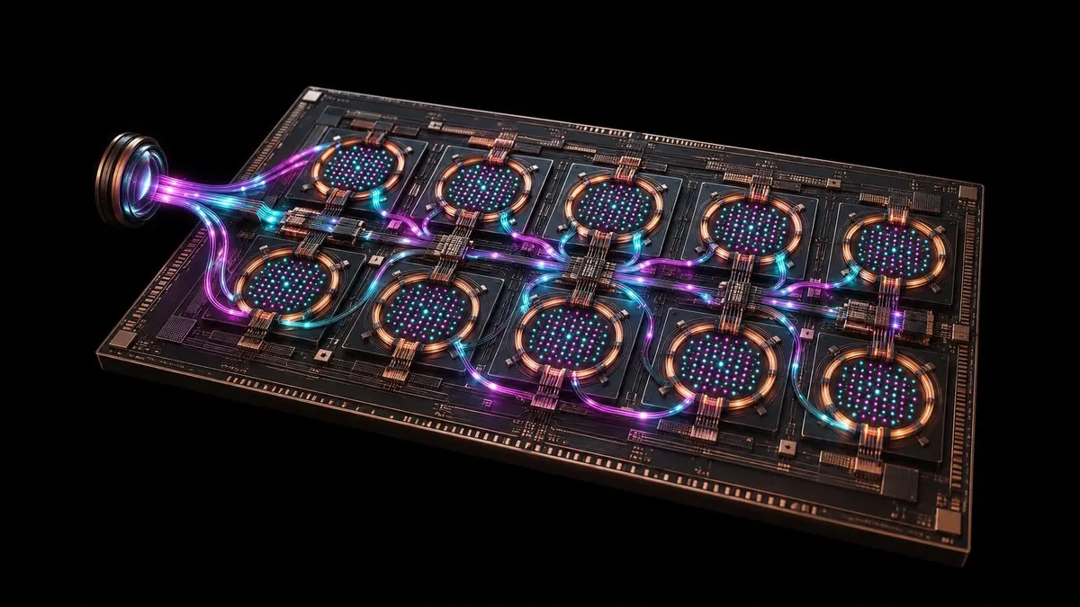 A dark ten-core silicon tile routes magenta and cyan light through copper memory rings on black.