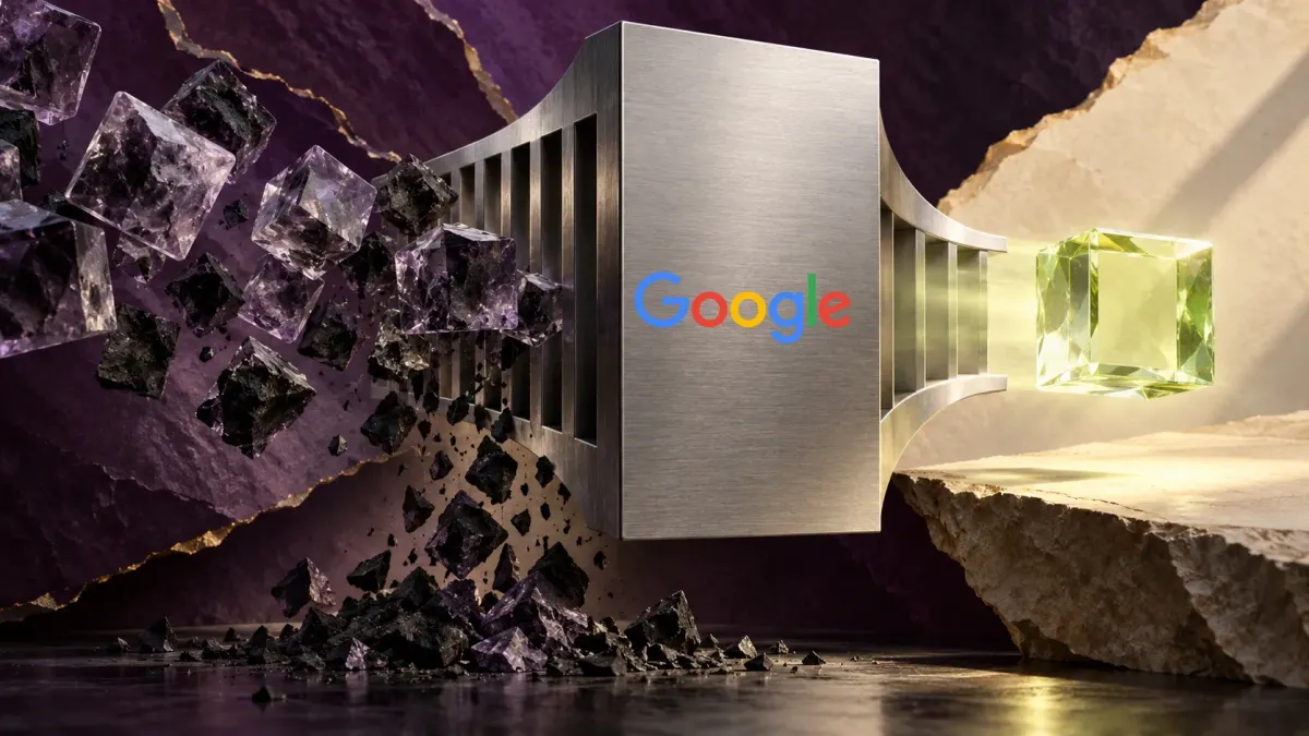 Conceptual illustration: a Google-labeled metal filter rejects dark fragments while a clear lime-colored cube emerges.