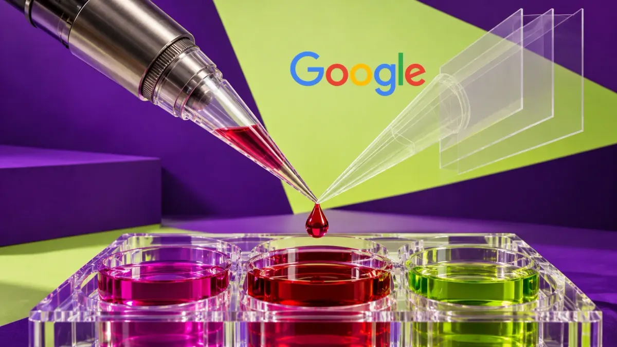 Conceptual illustration of a laboratory pipette and its translucent virtual counterpart above colored sample wells.