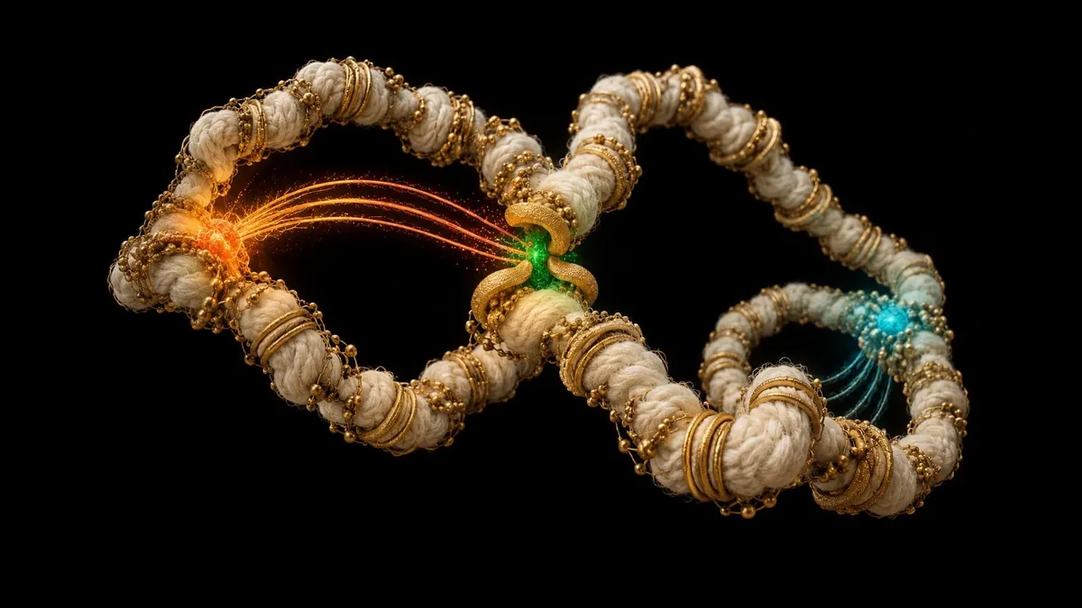 Ivory chromosome fibers loop across black as a green molecular clamp interrupts orange and cyan regulatory contacts.