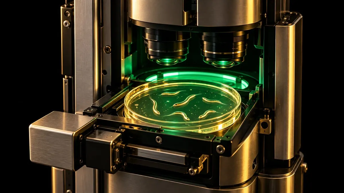 AI illustration of an automated laboratory imaging system examining worms in a green-lit Petri dish.