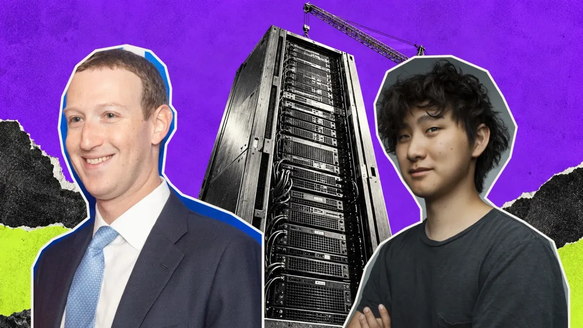 Editorial collage of archival portraits of Mark Zuckerberg and Alexandr Wang beside an oversized conceptual server rack and crane.