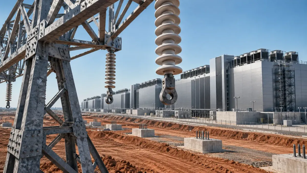 Conceptual illustration of unconnected power-line insulators and unfinished foundations in front of massive data-center halls.