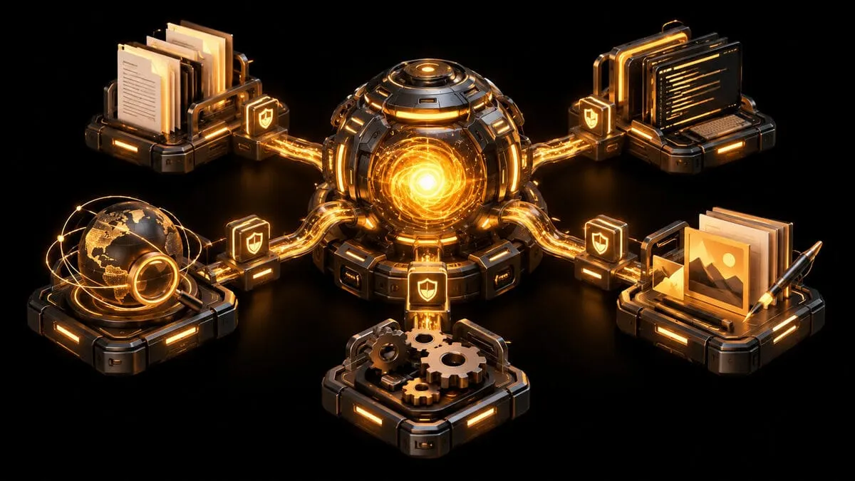 An amber-lit autonomous workstation connects to documents, code, research and approval checkpoints on a black background.