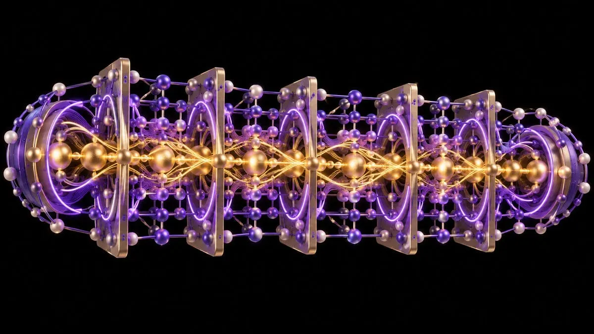 A golden logical-qubit thread runs through a violet error-correction lattice on black.