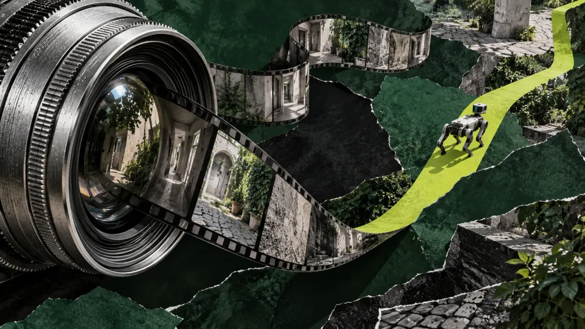 Conceptual collage of a large camera lens, a curling filmstrip and a small navigation robot on a narrow lime-green path.