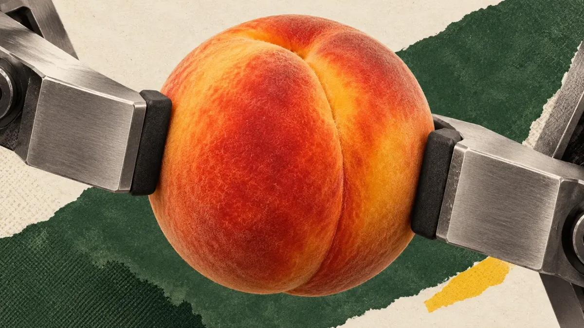 Conceptual illustration of a peach held between two padded metal gripper jaws against torn green and cream paper.