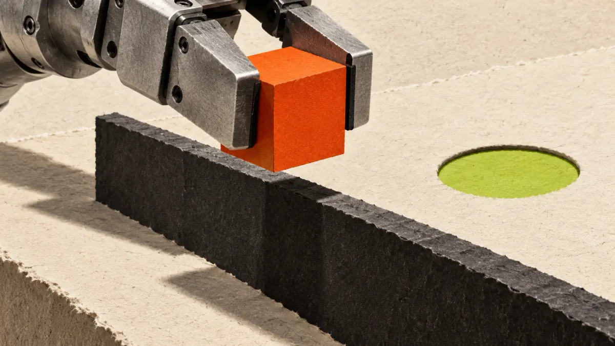 Conceptual collage of a metal gripper lifting an orange cube over a black obstacle toward a lime target on a paper test board.