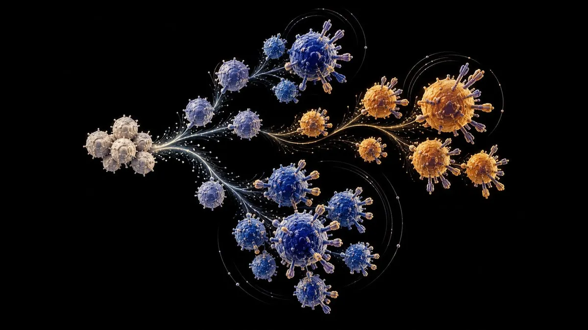 Pale immune cells branch into larger cobalt and amber clones against a black background.
