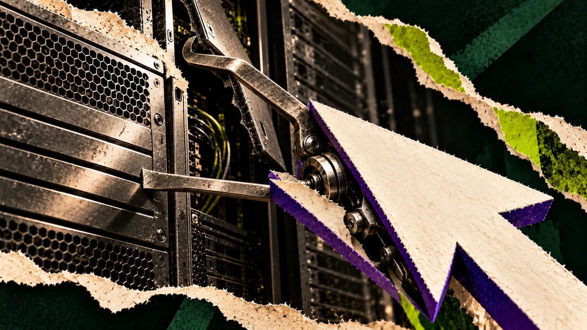 A paper computer cursor unfolds metal tools to pry open a server panel, surrounded by torn photographic layers.