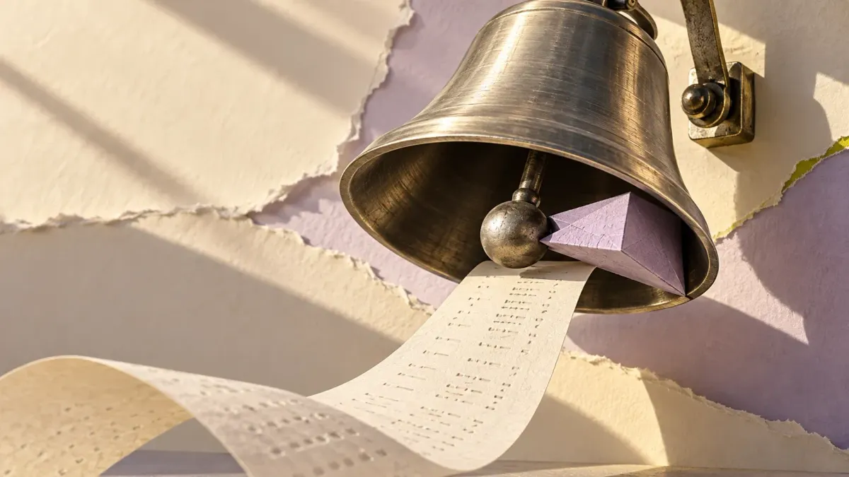A metal bell with a folded lavender paper wedge between its clapper and rim, above an intact strip of patterned ivory paper.